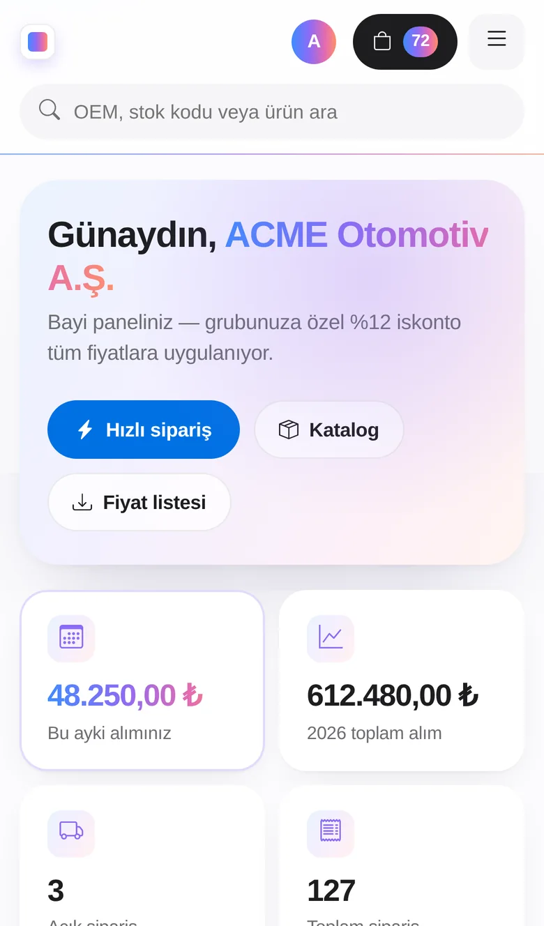BayiB2B B2B sistemi — bayi panelinin telefondaki görünümü